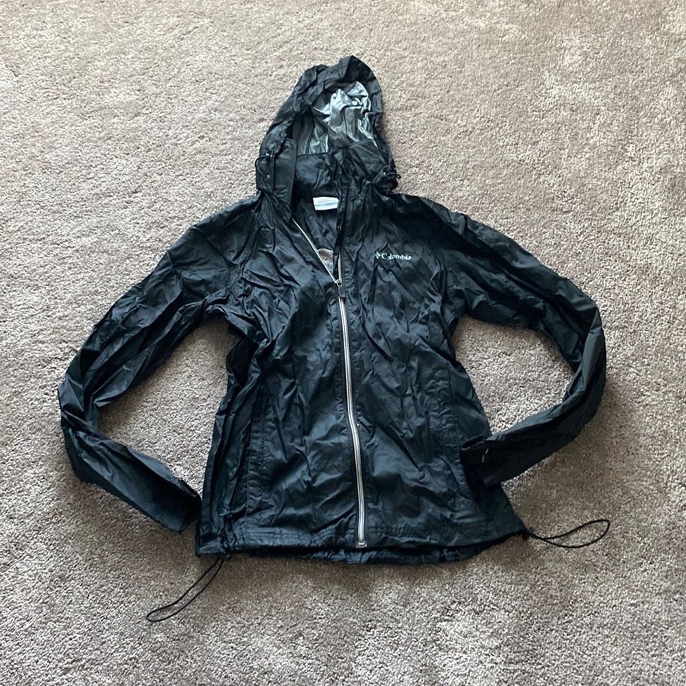 Columbia Black Hooded Windbreaker SIZE S Lightweight Packable Rain Jacket